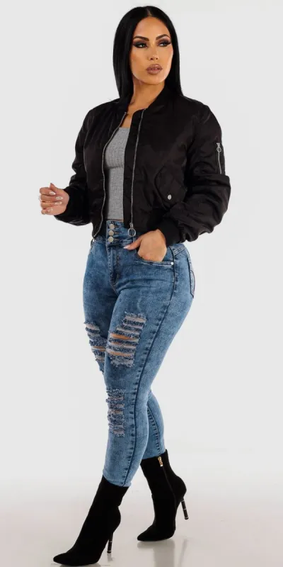 Acid Wash Ripped Butt Lifting Skinny Jeans Grey Long Sleeve Top and Black Zip Up Bomber Jacket sold by Moda