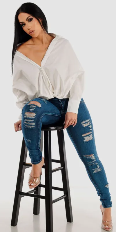High Rise Ripped Butt Lifting Skinny Jeans with White Oversized Long Sleeve Shirt sold by Moda