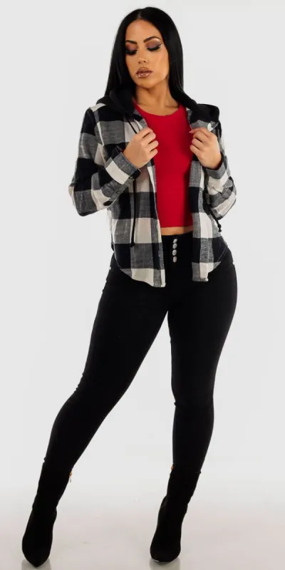 Black Butt Lifting Skinny Jeans Red Long Sleeve Crop Top and Plaid Hooded Shacket sold by Moda