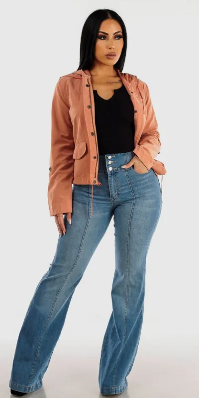 High Rise Light Blue Flared Jeans Black Long Sleeve Crop Top and Pink Zip Up Hooded Jacket sold by Moda