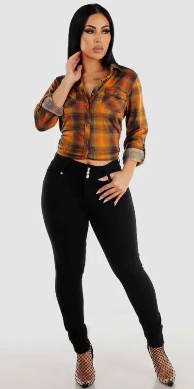 Black Levantacola Skinny Jeans with Rust Long Sleeve Button Up Plaid Shirt sold by Moda