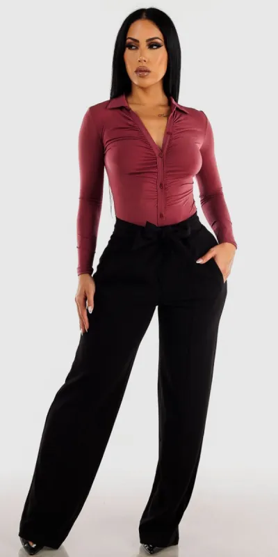 Black High Waist Wide Leg Dress Pants with Long Sleeve Ruched Dark Mauve Collared Bodysuit sold by Moda