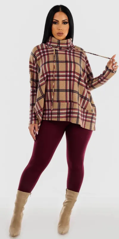 Mid Rise Burgundy Skinny Pants with Khaki Long Sleeve Turtleneck Plaid Sweater Top sold by Moda