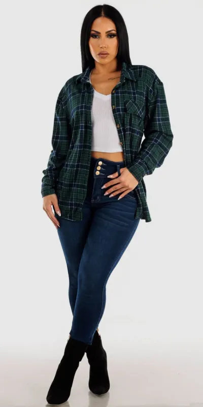 Dark Blue Butt Lifting Skinny Jeans White Long Sleeve Crop Top and Green Button Up Plaid Shacket sold by Moda