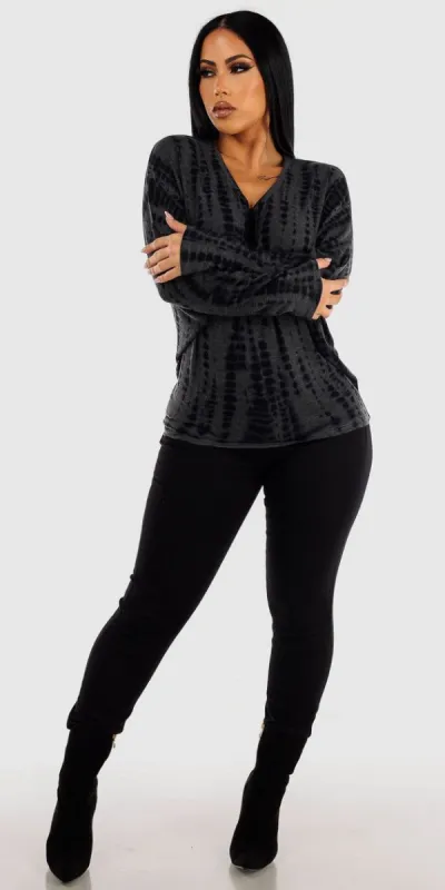 Black High Waist Stretch Skinny Jeans with Charcoal Dolman Sleeve Tie Dye Tunic Top sold by Moda