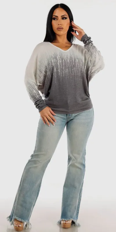 High Rise Light Blue Wide Legged Denim Jeans with White Long Sleeve Printed Tunic Top sold by Moda