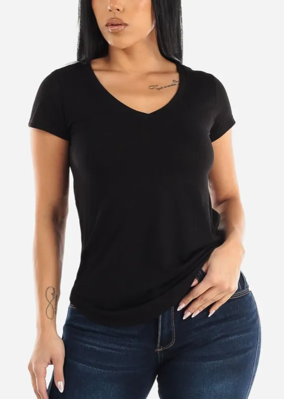 Short Sleeve Round Hem Black Top sold by Moda