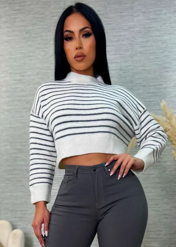 Stripe Cropped Cable Knit Sweater Ivory sold by Moda