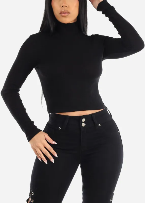 Black Long Sleeve Mock Neck Cropped Sweater Top sold by Moda
