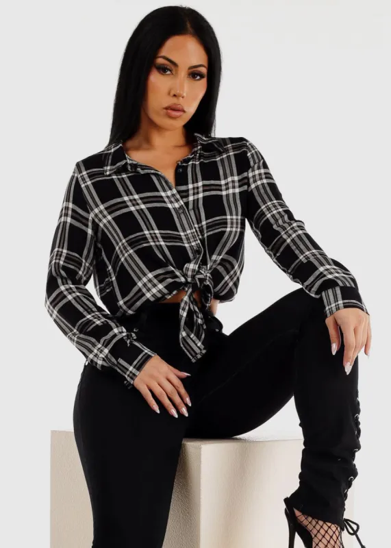 Long Sleeve Button Up Plaid Rayon Shirt Black sold by Moda