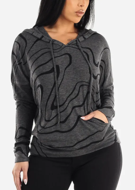 Long Sleeve Printed Pullover Tunic Hoodie Charcoal sold by Moda