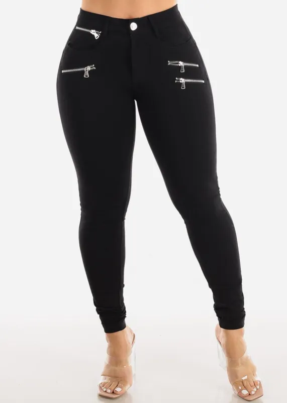 Black Mid Rise Skinny Pants w Zipper Detail sold by Moda