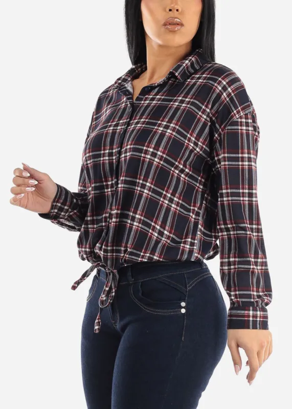 Plaid Drawstring Waist Button Up Shirt Navy sold by Moda