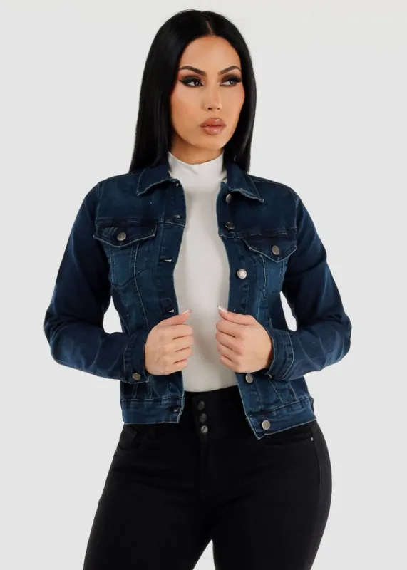 Long Sleeve Button Up Stretch Denim Jacket Dark Navy sold by Moda