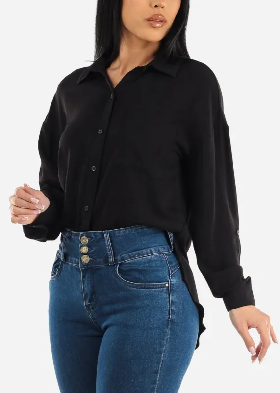 Black Long Sleeve Relaxed Fit Collared Blouse sold by Moda