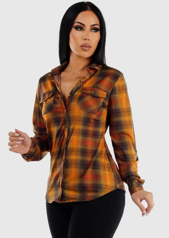 Long Sleeve Button Up Plaid Shirt Rust sold by Moda