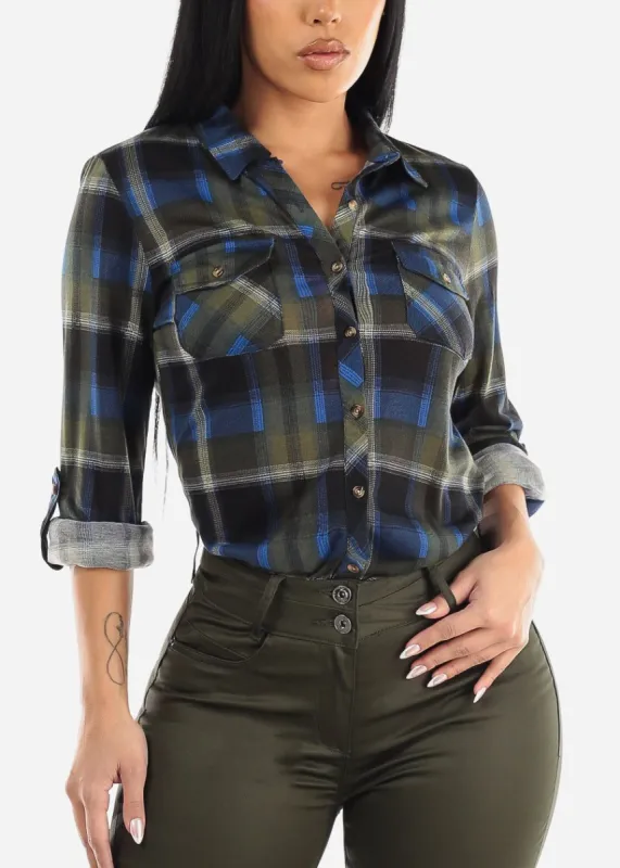 Long Sleeve Button Up Plaid Shirt Olive & Blue sold by Moda