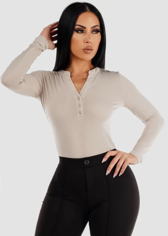 Long Sleeve Half Button Up Blouse Beige sold by Moda