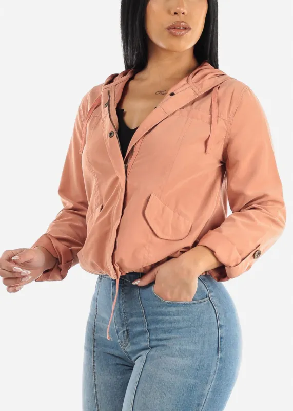 Snap Button Zip Up Hooded Jacket Rose sold by Moda