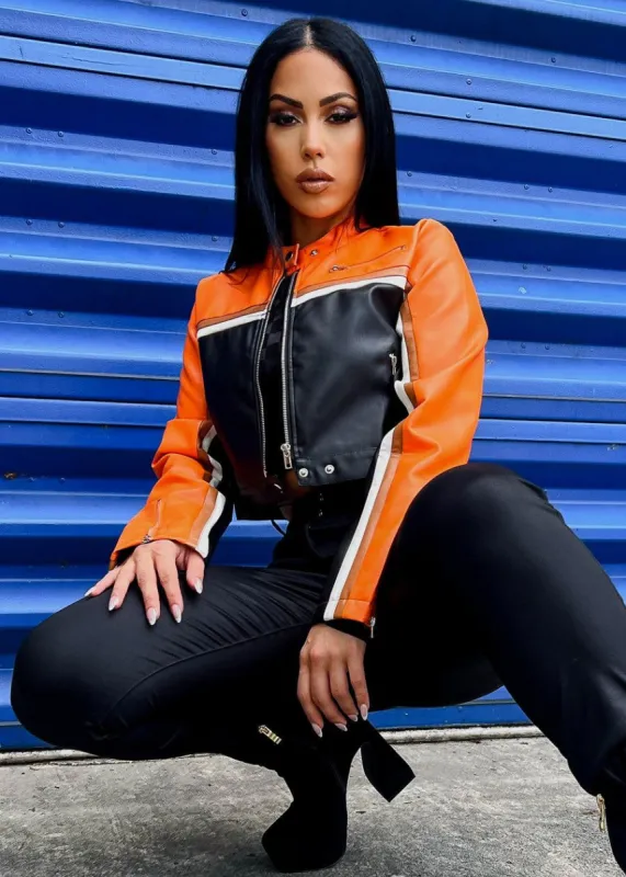 Zip Up Faux Leather Colorblock Cropped Jacket Orange sold by Moda