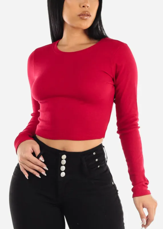 RedCrewneck Long Sleeve Crop Top sold by Moda