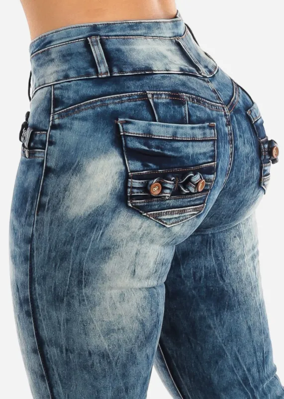 Butt Lifting Mid Rise Acid Wash Skinny Jeans sold by Moda