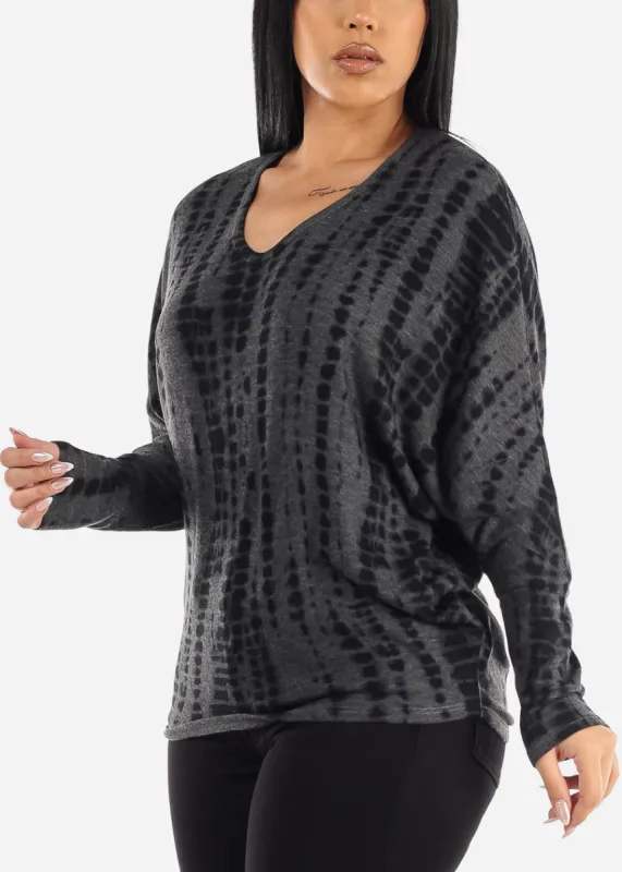 Tie Dye Long Sleeve Dolman Tunic Top Charcoal sold by Moda
