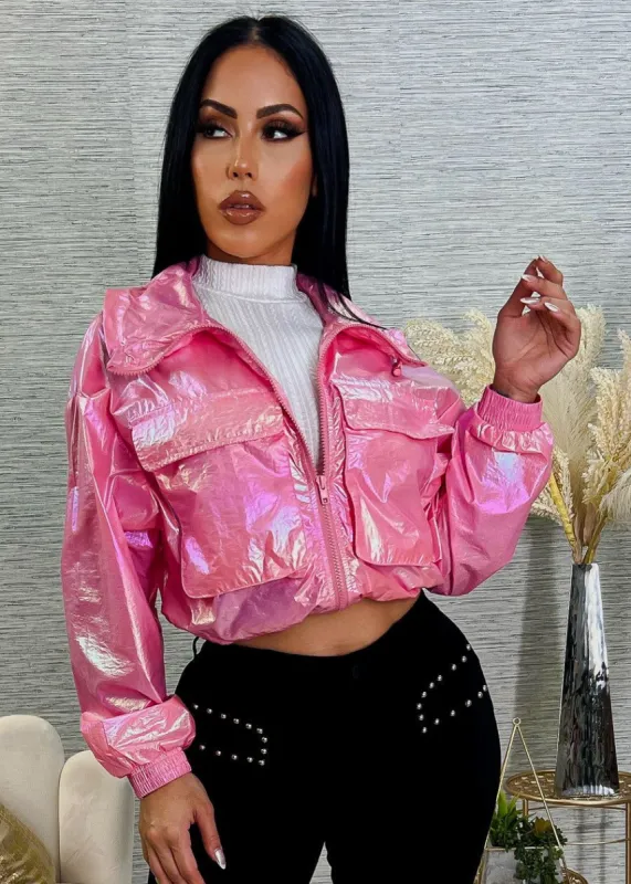 Neon Pink Zip Up Metallic Windbreaker Jacket sold by Moda