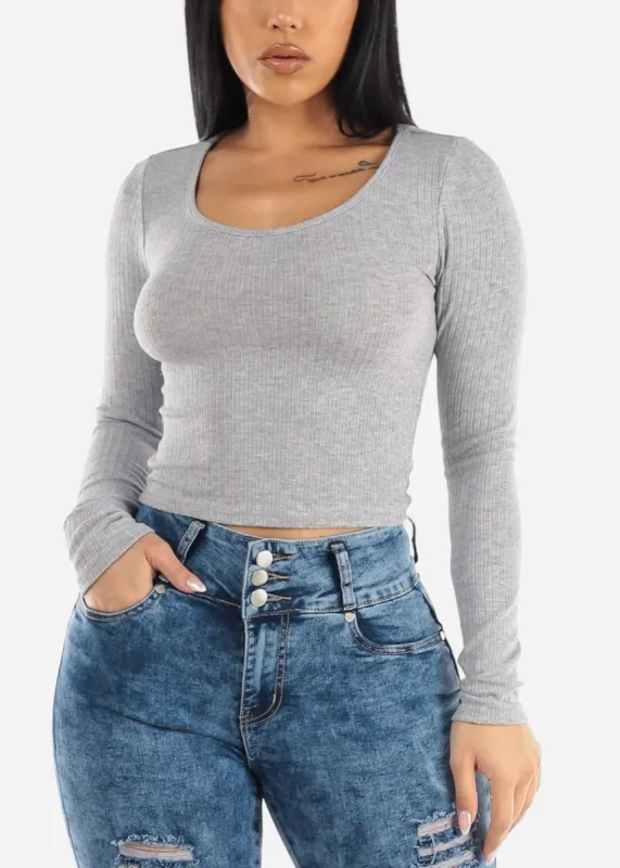 Ribbed Knit Long Sleeve Top Grey sold by Moda