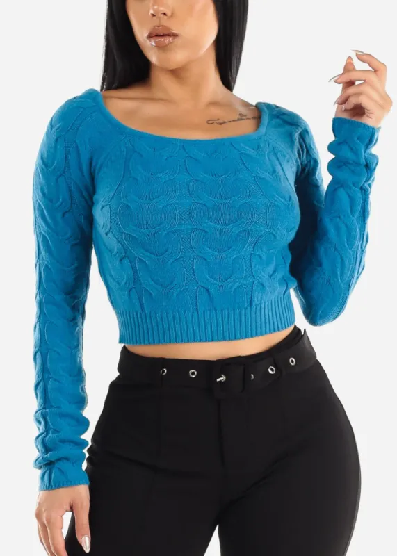Cropped Cable Knit Boat Neck Sweater Blue sold by Moda