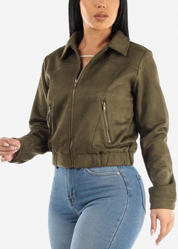 Suede Zip Up Long Sleeve Collared Jacket Olive sold by Moda