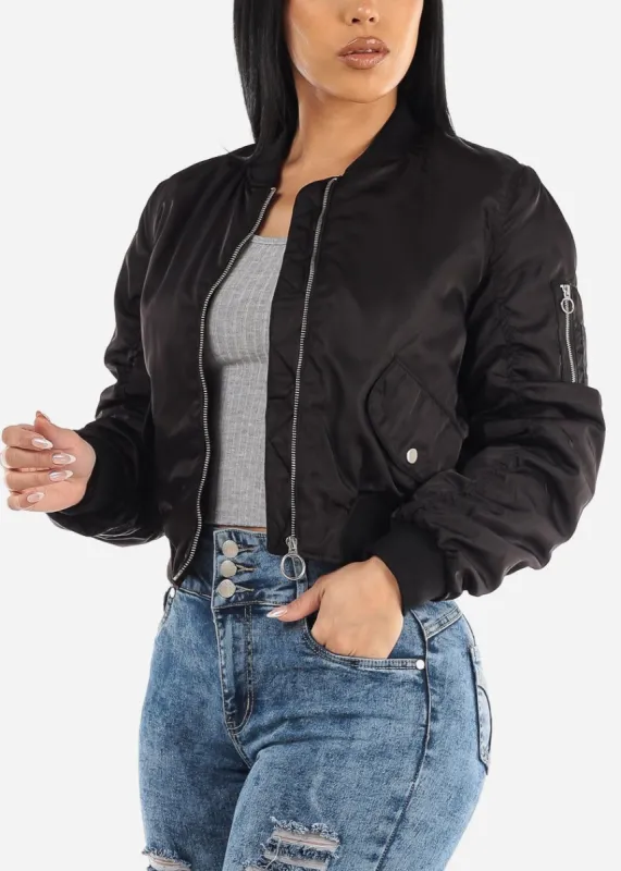 Black Long Sleeve Zip Up Bomber Jacket sold by Moda