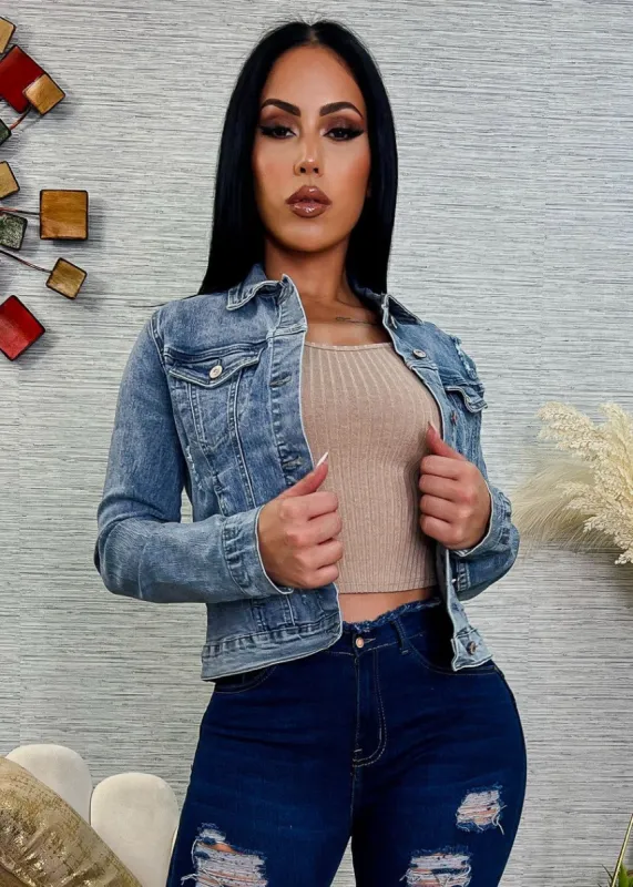 Long Sleeve Button Up Light Ripped Denim Jacket sold by Moda