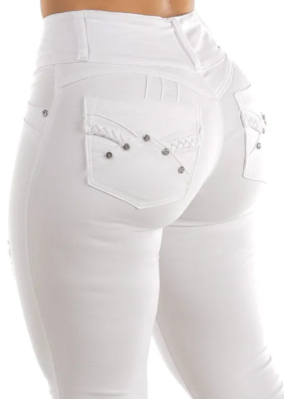 White Butt Lifting Distressed Skinny Jeans sold by Moda