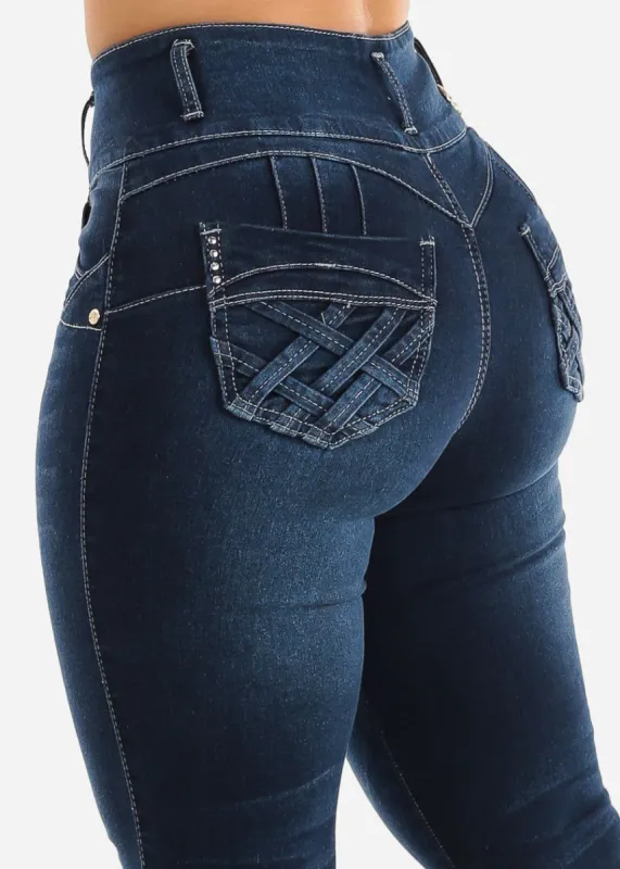 Super High Waist Levantacola Dark Skinny Jeans sold by Moda