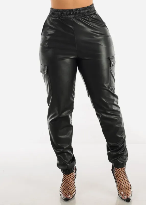 Black Faux Leather Joggers with Fleece sold by Moda