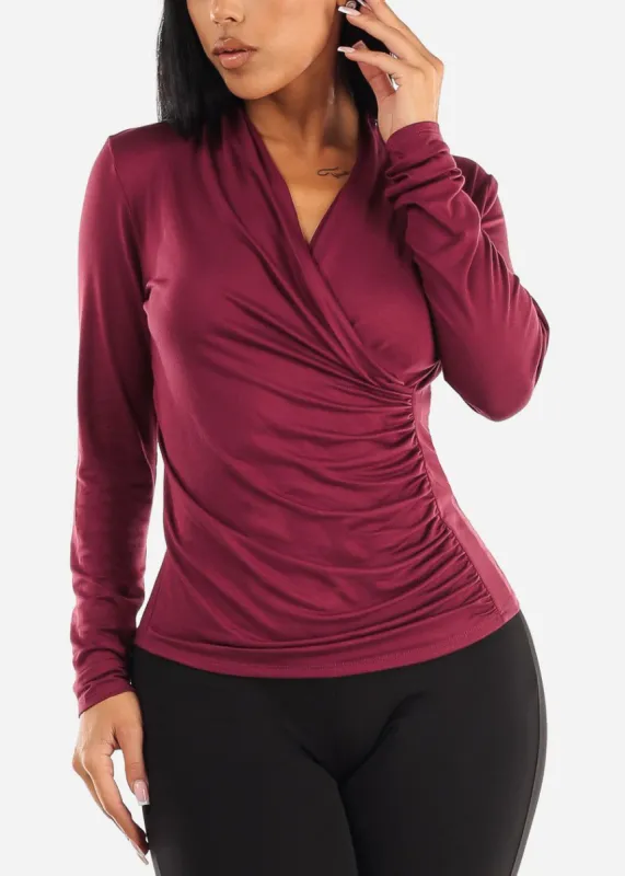 Long Sleeve Surplice Stretch Blouse Burgundy sold by Moda