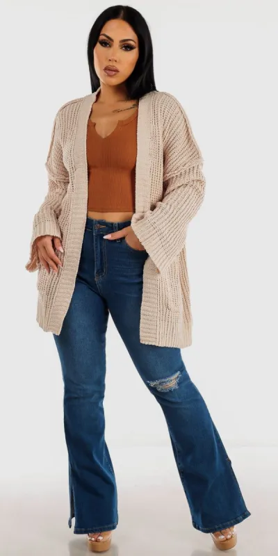Ripped Butt Lifting Flared Bootcut Jeans Light Brown Long Sleeve Crop Top and Knitted Maxi Cardigan Cream sold by Moda