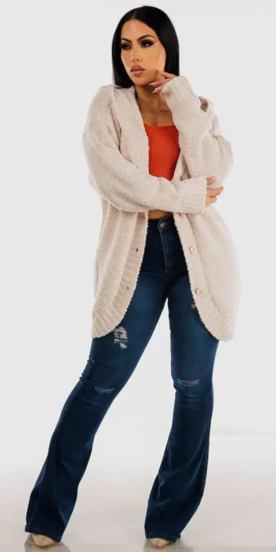 Ripped Butt Lifting Flared Bootcut Jeans Orange Long Sleeve Crop Top and Button Up Cream Plush Maxi Cardigan sold by Moda