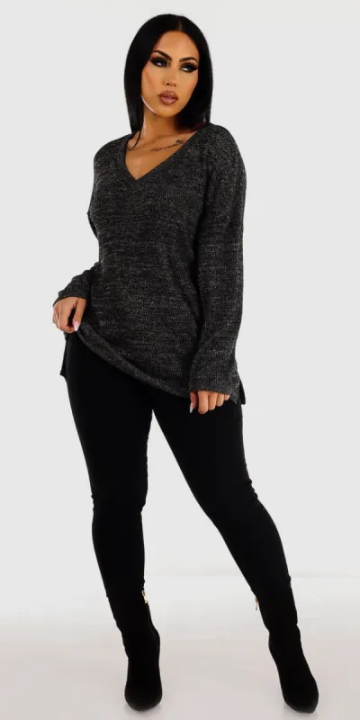 Black High Rise Levantacola Skinny Jeans with Black Knitted Vneck Tunic Sweater Top sold by Moda