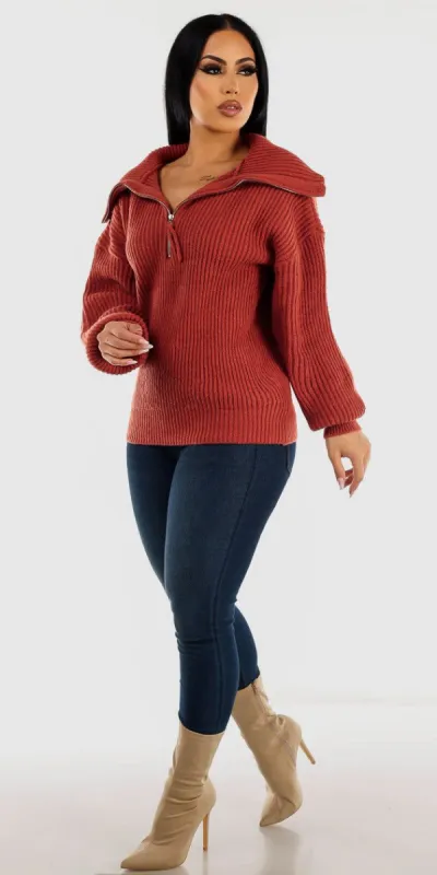 High Rise Levantacola Denim Jeggings with Zip Up Turtleneck Knit Stretch Sweater Rust sold by Moda