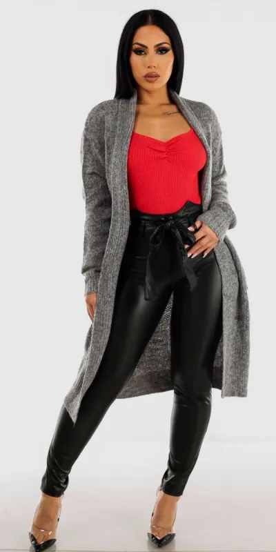 Black Belted Faux Leather Skinny Pants Red Long Sleeve Sweater Crop Top and Grey Soft Knit Maxi Cardigan sold by Moda