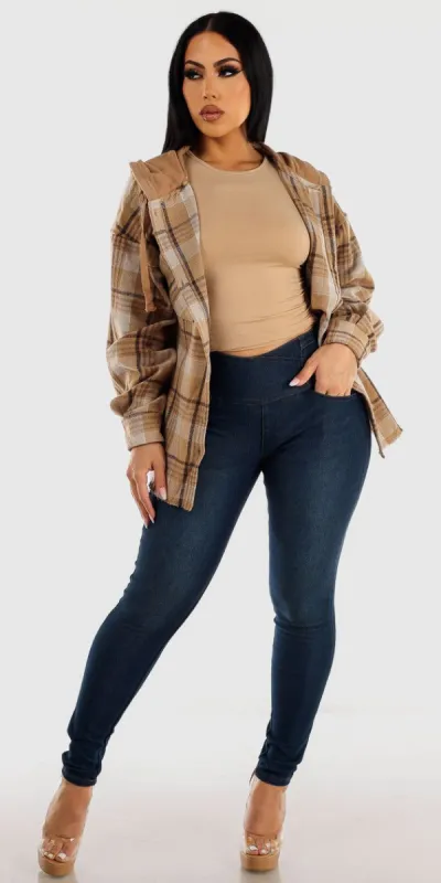 Butt Lifting Blue Denim Jeggings Beige Long Sleeve Ruched Sides Top and Khaki Button Down Plaid Shacket sold by Moda
