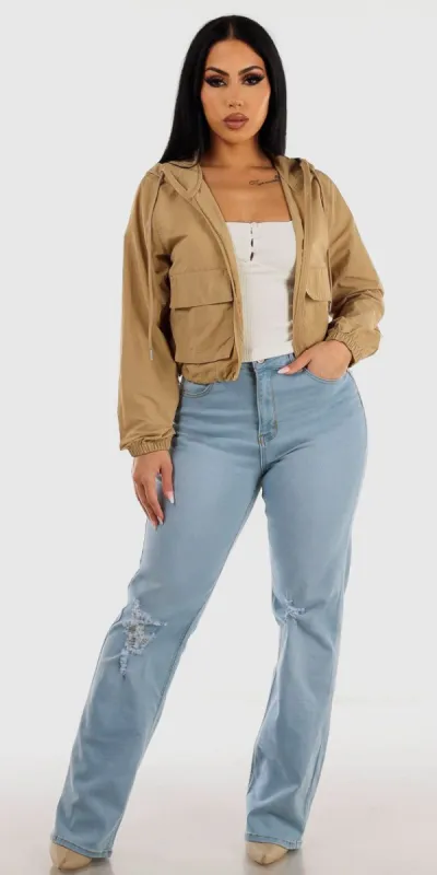 High Rise Ripped Wide Leg Straight Jeans White Short Sleeve Crop Top and Khaki Lightweight Zip Up Jacket sold by Moda