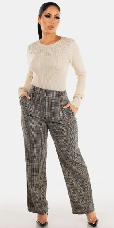 Brown Plaid Straight Wide Dress Pants with Cream Long Sleeve Rib Knit Sweater sold by Moda