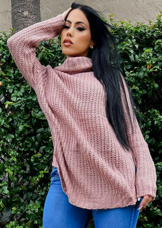 Long Sleeve Turtleneck Knitted Tunic Sweater Dark Mauve sold by Moda