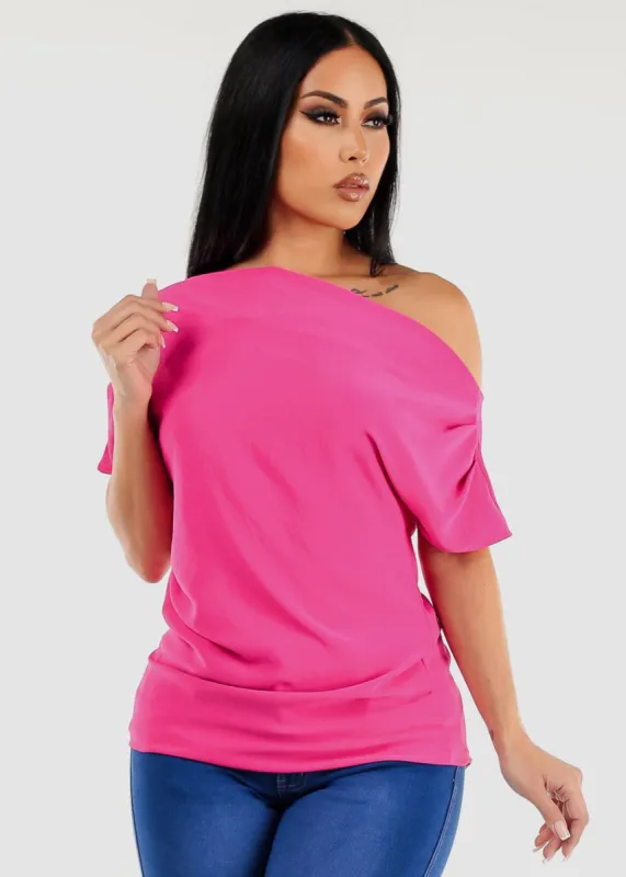 Asymmetrical Neckline Pleated Top Fuchsia sold by Moda