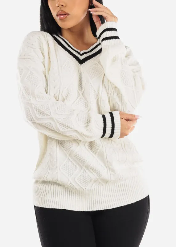 Long Sleeve Cable Knit White V Neck Sweater sold by Moda