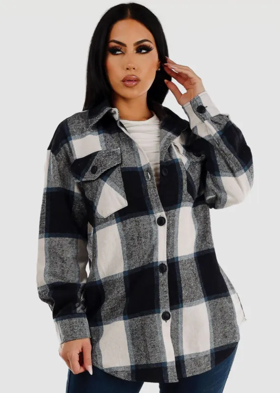 Oversized Plaid Button Down Cotton Shacket Navy & Black sold by Moda