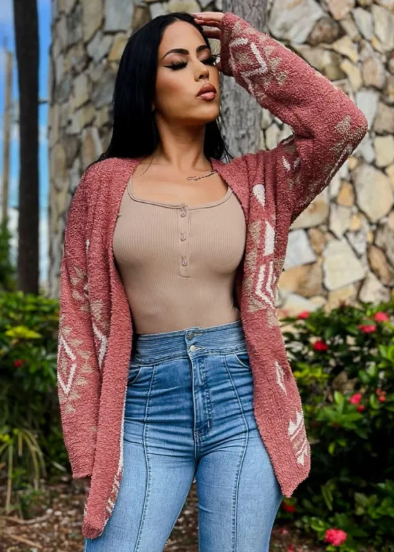 Long Sleeve Aztec Print Plush Maxi Cardigan Brick sold by Moda